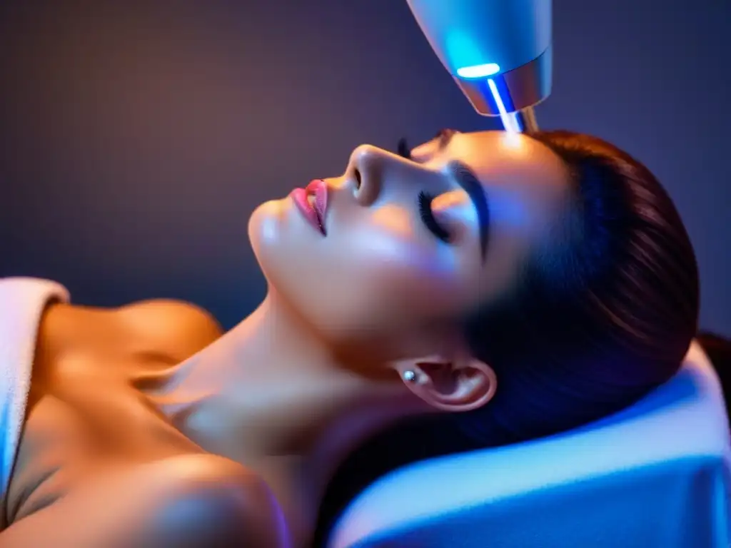 Tratamiento de depilación láser: belleza y bienestar Mujer serena en tratamiento láser depilación, iluminación suave, piel radiante