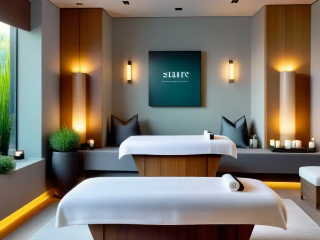 Un oasis de calma en un spa con diseño moderno, con mesa de masajes y productos de depilación natural cuidadosamente organizados