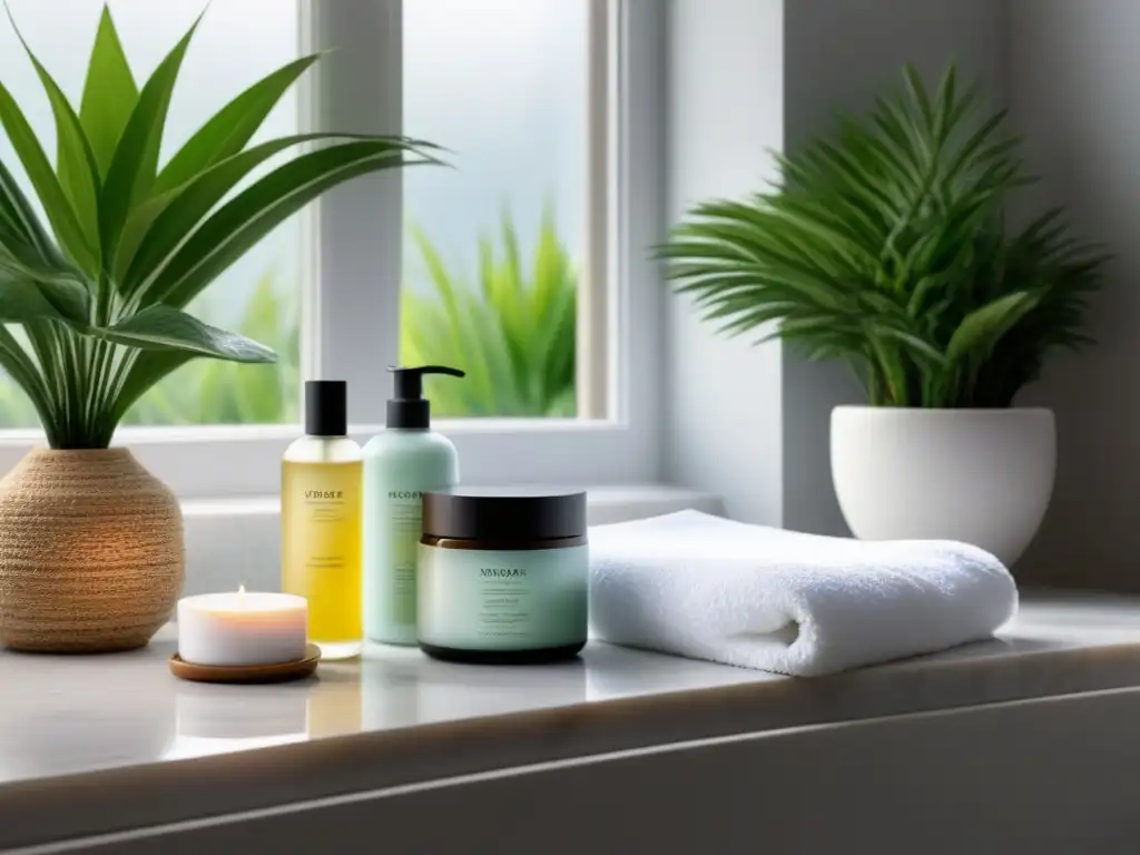 Baño minimalista con productos naturales y luz natural Un oasis de cuidado de la piel en un baño sereno con rutina de depilación y productos naturales en elegante encimera de mármol blanco