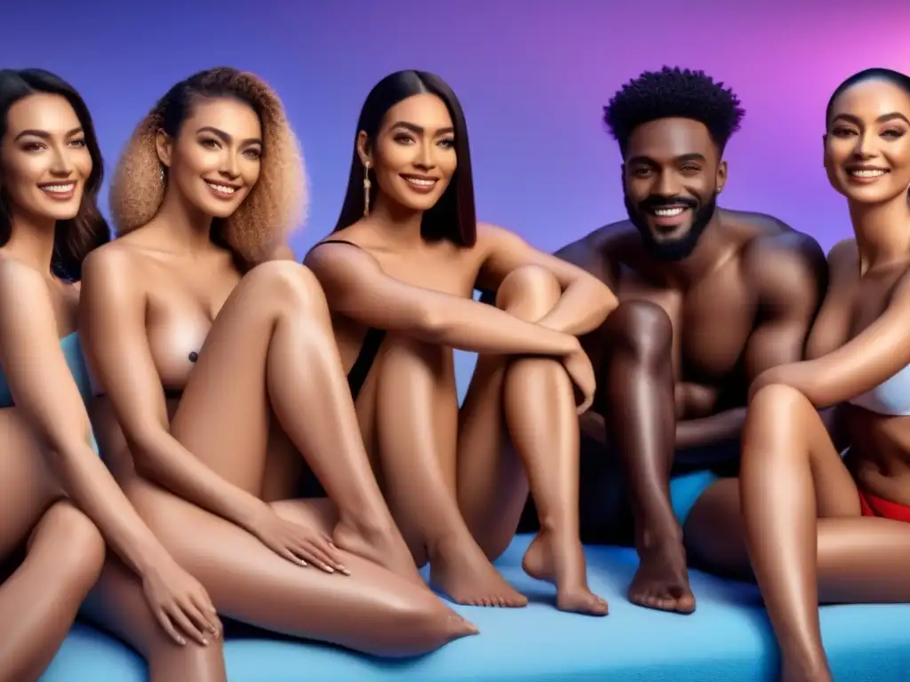 Sonrisas sin vello: métodos modernos de depilación Personas diversas sonriendo, mostrando piel suave sin vello con métodos depilación modernos en spa futurista con descuentos