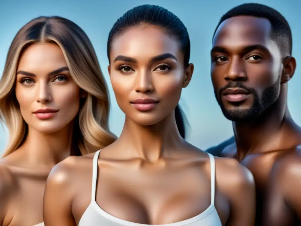 Piel suave y sin vello: diversidad en laser hair removal Tres personas felices exhiben su piel suave y sin vello con distintos tonos, iluminadas suavemente
