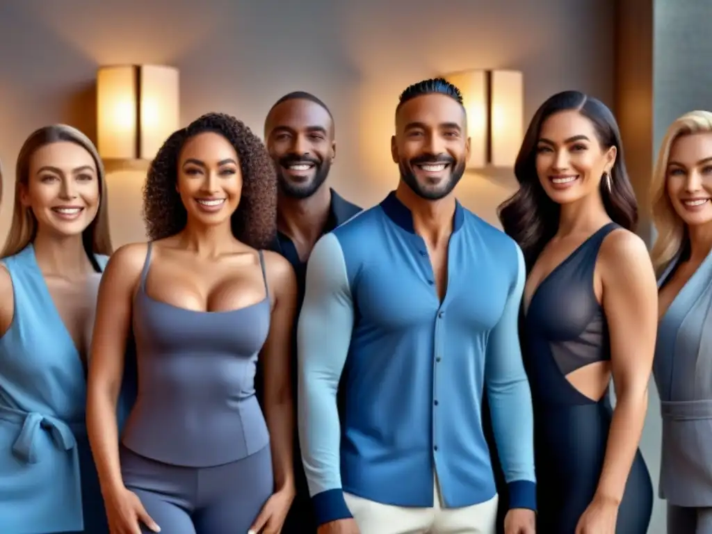 Sonrisas suaves: grupo diverso tras depilación láser en spa moderno Personas sonrientes muestran su piel suave y sin vello tras tratamiento de tendencias fotodepilación en spa moderno