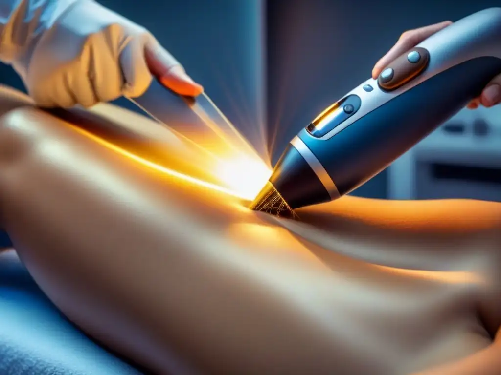 Precision tecnológica: sesión láser de depilación en acción Proceso de depilación láser detallado, con máquina moderna y rayo de luz preciso sobre la piel