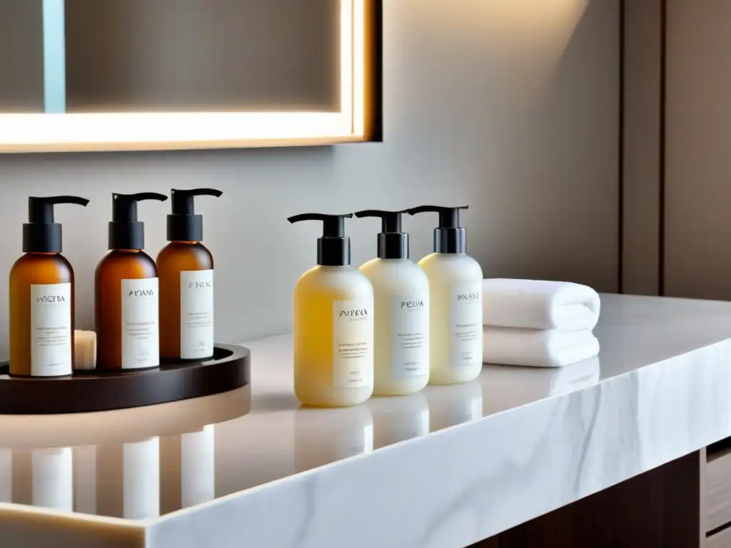 Espacio de spa elegante: productos postdepilación en mármol blanco Productos para cuidado post-depilación en un spa sereno y lujoso con iluminación suave y elegante presentación de productos