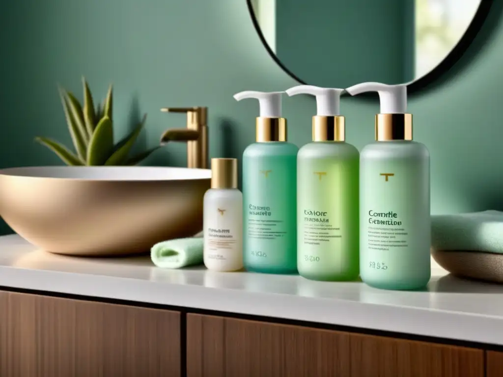 Rutina de cuidado facial postdepilación: productos de lujo en baño elegante Productos para preparar la piel después de la depilación en un elegante y relajante baño moderno