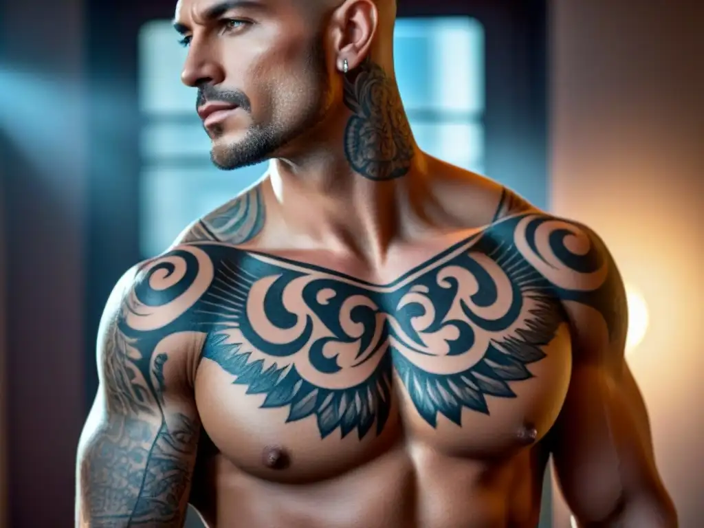 Arte corporal vibrante y detallado: tatuajes perfectos sobre piel suave Un retrato detallado de un hombre con piel suave y tatuada, mostrando arte corporal que se funde con su piel sin vello