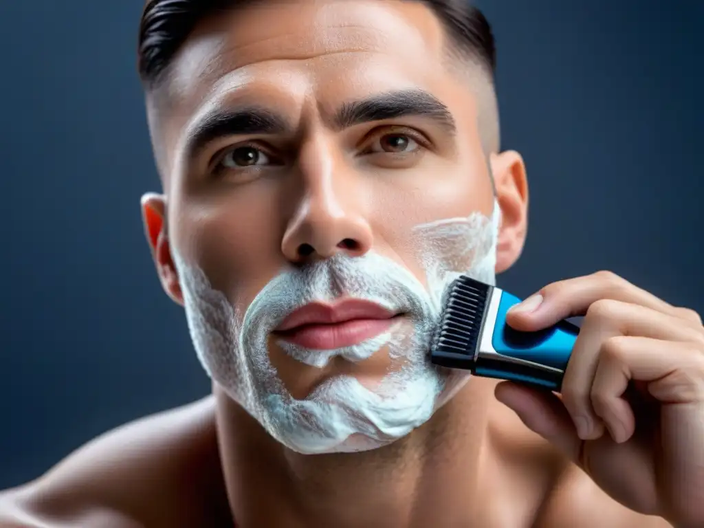 Piel suave y rejuvenada: Detalles de un rostro masculino recién afeitado Retrato detallado de un rostro masculino recién afeitado, resaltando la piel suave y saludable
