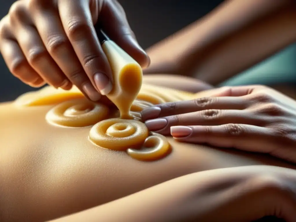 Detalle experto: Aplicación de cera de azúcar en piel suave Rutina de depilación cuidado piel: Detalle de mano aplicando cera tibia sobre piel suave, mostrando textura y meticulosidad