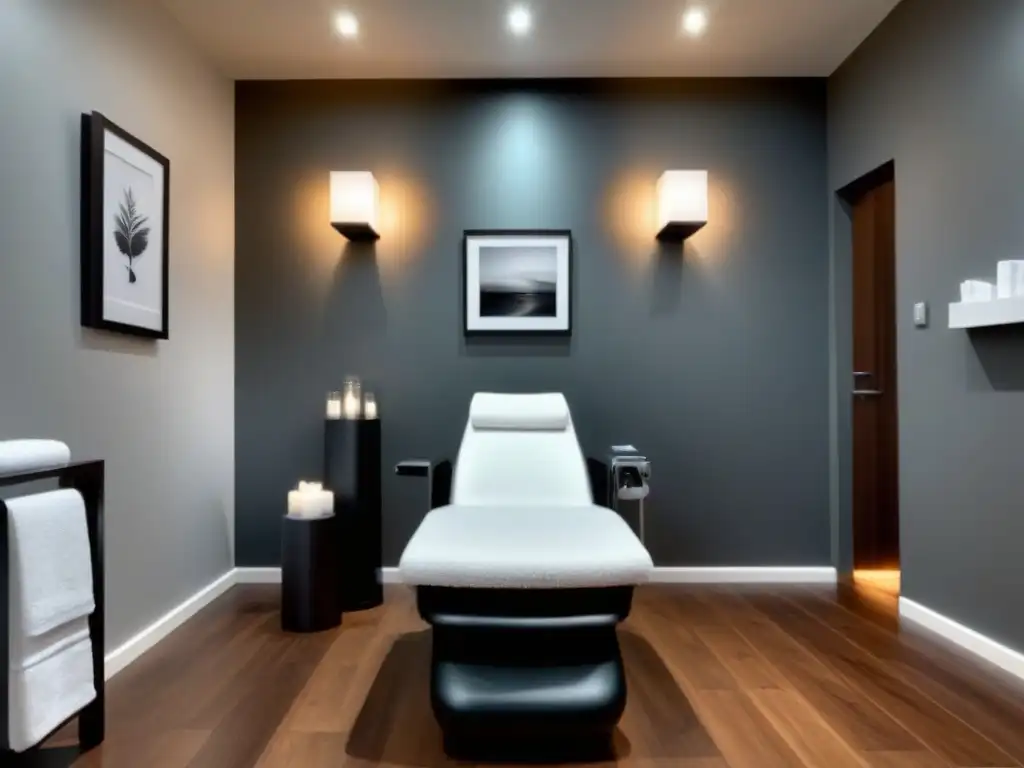 Una sala de spa serena y moderna con una estética minimalista, iluminación suave y un sillón reclinable cubierto de toallas blancas
