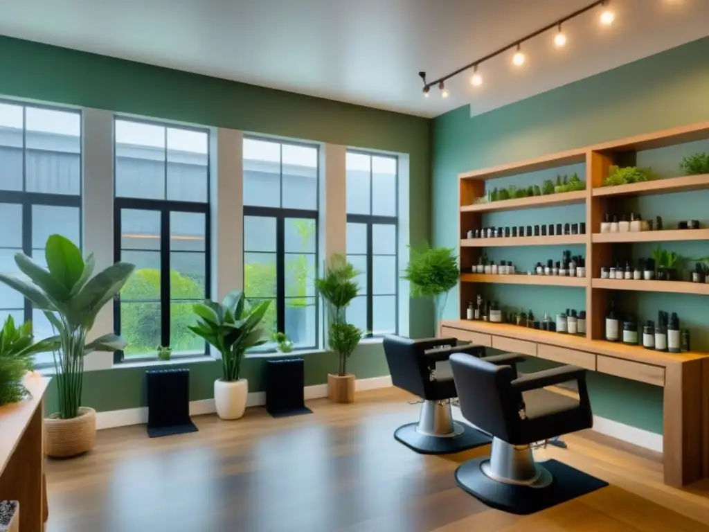 Un salón de belleza ecoamigable con plantas, muebles de madera sostenible y luz natural