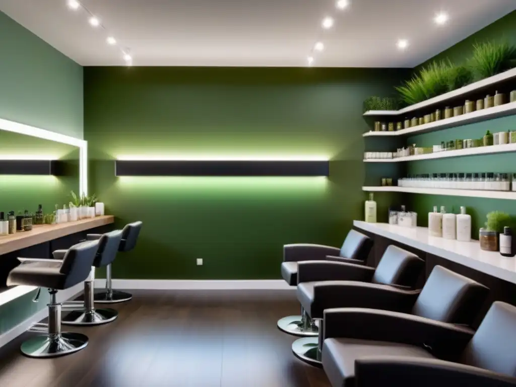 Salón de belleza ecológico con prácticas verdes: iluminación eficiente, materiales reciclados y productos orgánicos
