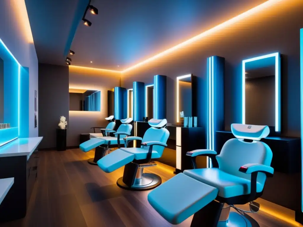 Un salón de belleza futurista con tecnología láser y expertos en depilación, reflejando lujo e innovación