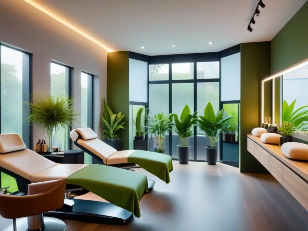 Un salón de belleza sostenible con depilación ecofriendly, mobiliario minimalista y plantas verdes