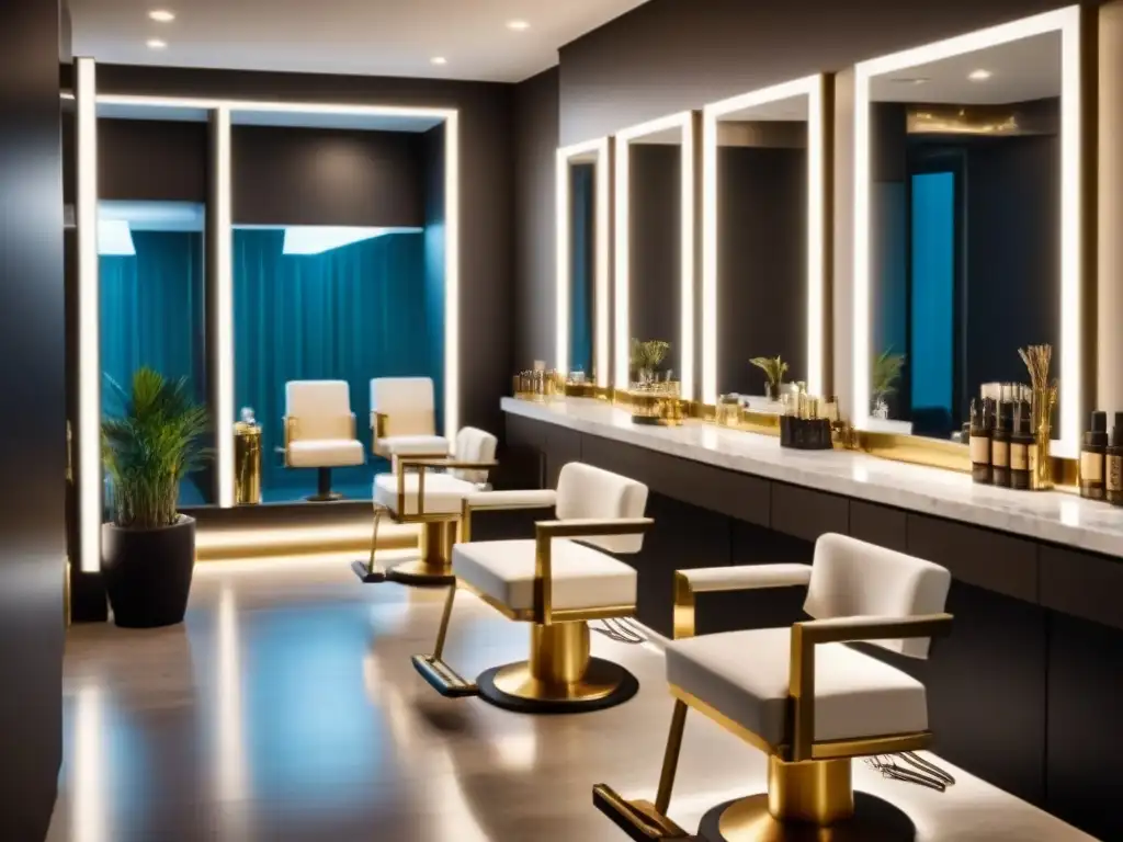 Suntuoso salón de belleza indio: elegancia dorada y moderna Salón de belleza indio moderno con decoración en blanco y dorado, espejos elegantes y equipos de depilación