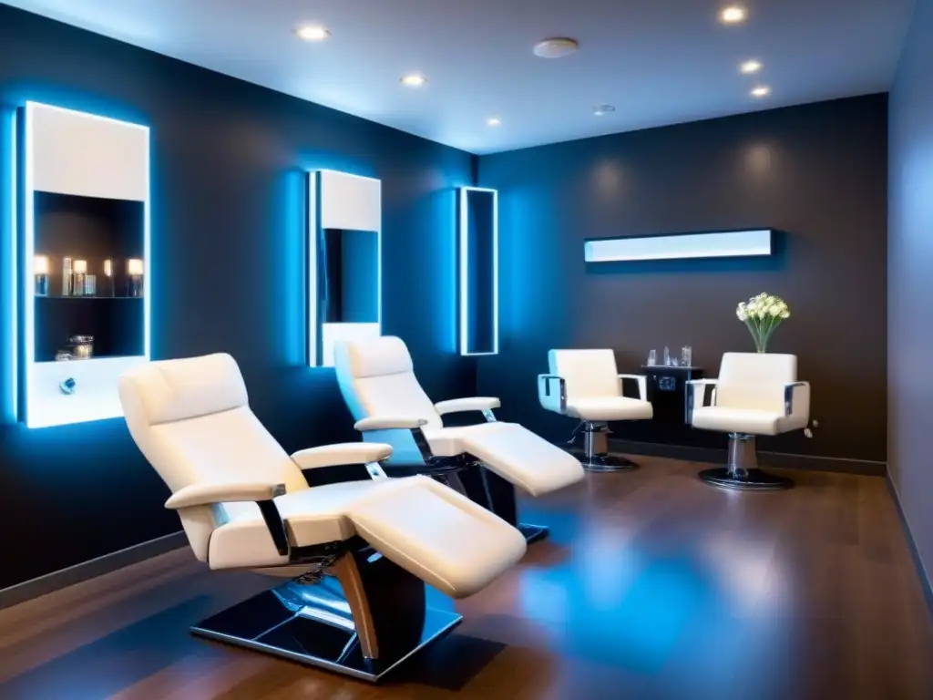 Salón de lujo para depilación: diseño sofisticado en alta resolución Salón de depilación de lujo con sillas blancas, decoración moderna y equipos de alta gama