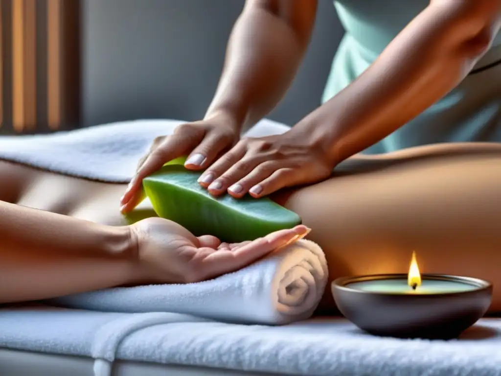 Manos aplicando aloe vera en spa relajante Spa sereno con cuidado piel depilación método consejos: manos aplicando aloe vera en piel suave y depilada, iluminación suave