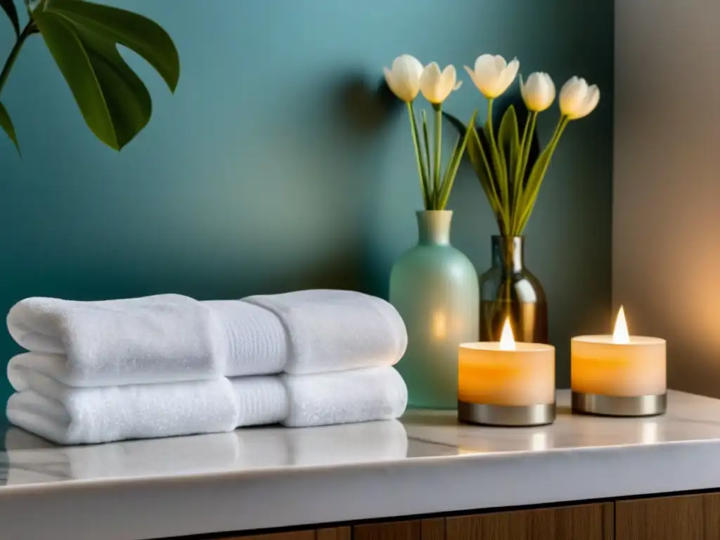 Spa moderno con productos skincare y toallas blancas Un spa sereno con productos de skincare y toallas blancas, perfecto para seguir consejos cuidado piel postdepilación