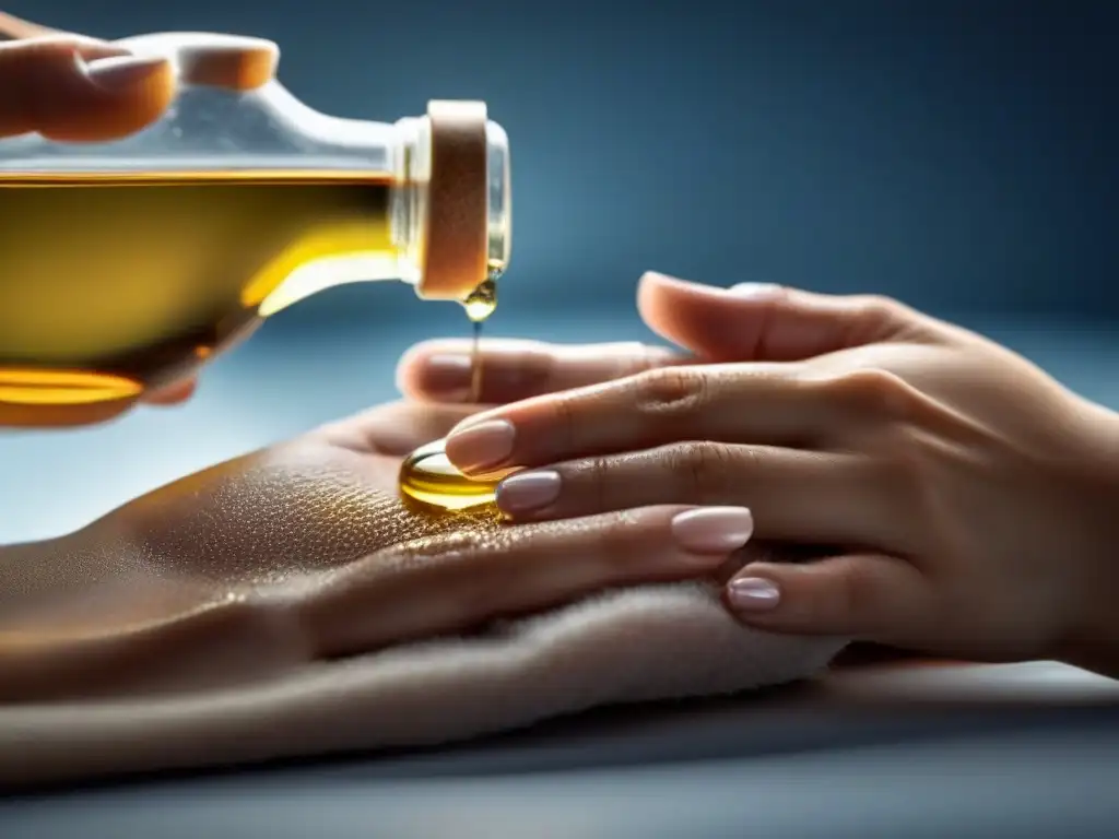 Preparación meticulosa: mujer aplica aceite predepilatorio con detalle La suavidad de unas manos aplicando aceite predepilatorio con detalle, preparando la piel con cuidado
