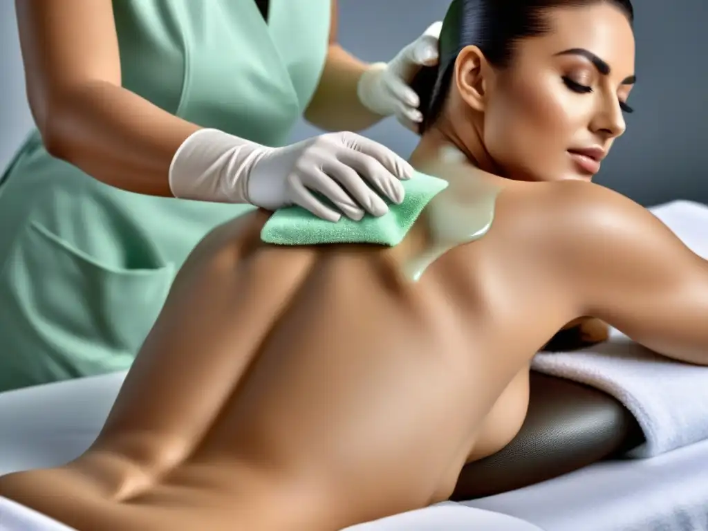 Tratamiento postdepilación en spa: experta cuidando axilas Un tranquilo spa con esteticista aplicando loción en axilas recién depiladas