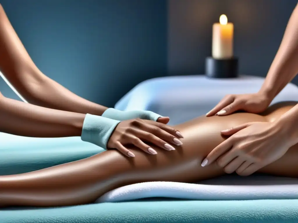 Tratamiento postdepilación en spa: manos expertas aplicando gel calmante Un tratamiento enrojecimiento postdepilación efectivo brindado con profesionalidad y calma en un spa moderno y relajante