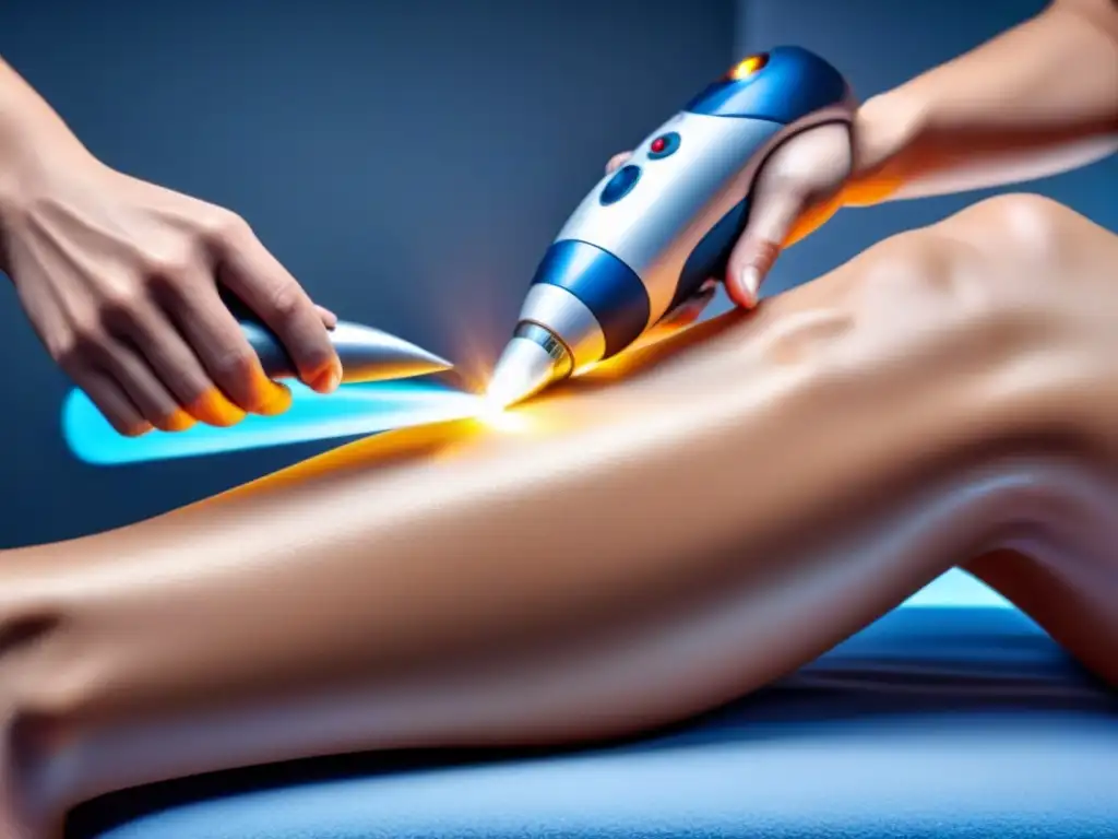 Laser hair removal: Precisión y tecnología moderna en acción Un tratamiento de depilación láser de alta precisión en una pierna