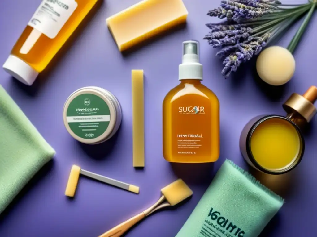 Productos naturales para depilación: texturas y ingredientes puros Una variedad de productos naturales para depilación, incluyendo pasta de azúcar y tiras de cera, destacando ingredientes como miel y aloe vera