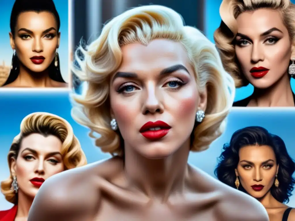 Un vibrante collage de iconos de la cultura pop con piel suave y sin vello, fusionados en una obra de arte