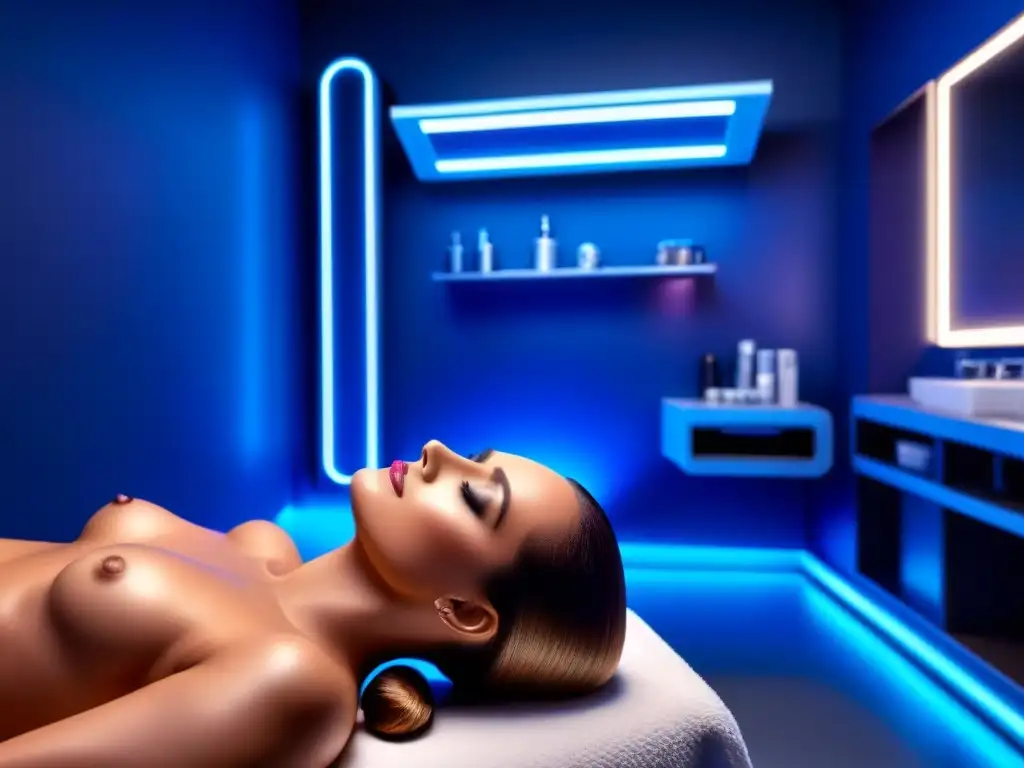 Salón de belleza futurista con tecnología de electrólisis avanzada y láser Una visión futurista de un salón de belleza con electrólisis avanzada, iluminado en azul, muestra tecnología y cuidado