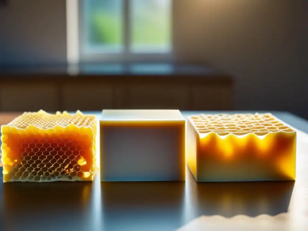 Comparación cera natural vs Comparación visual de ceras naturales y sintéticas para piel: detallado bloque de cera de abeja vs compuesto sintético en laboratorio